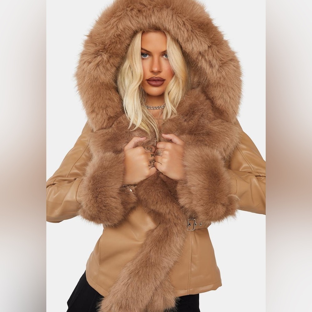 Azalea Wang Nabina Faux Fur hooded moto Jacket L